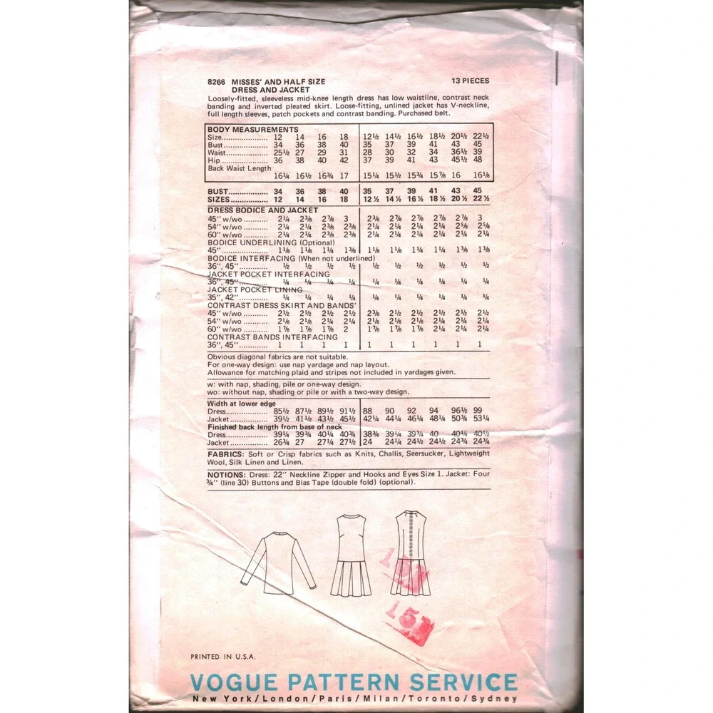 8266 Vintage 1970s Vogue Dress and Jacket Sewing Pattern Size 12‎ Bust 34 Hip 36